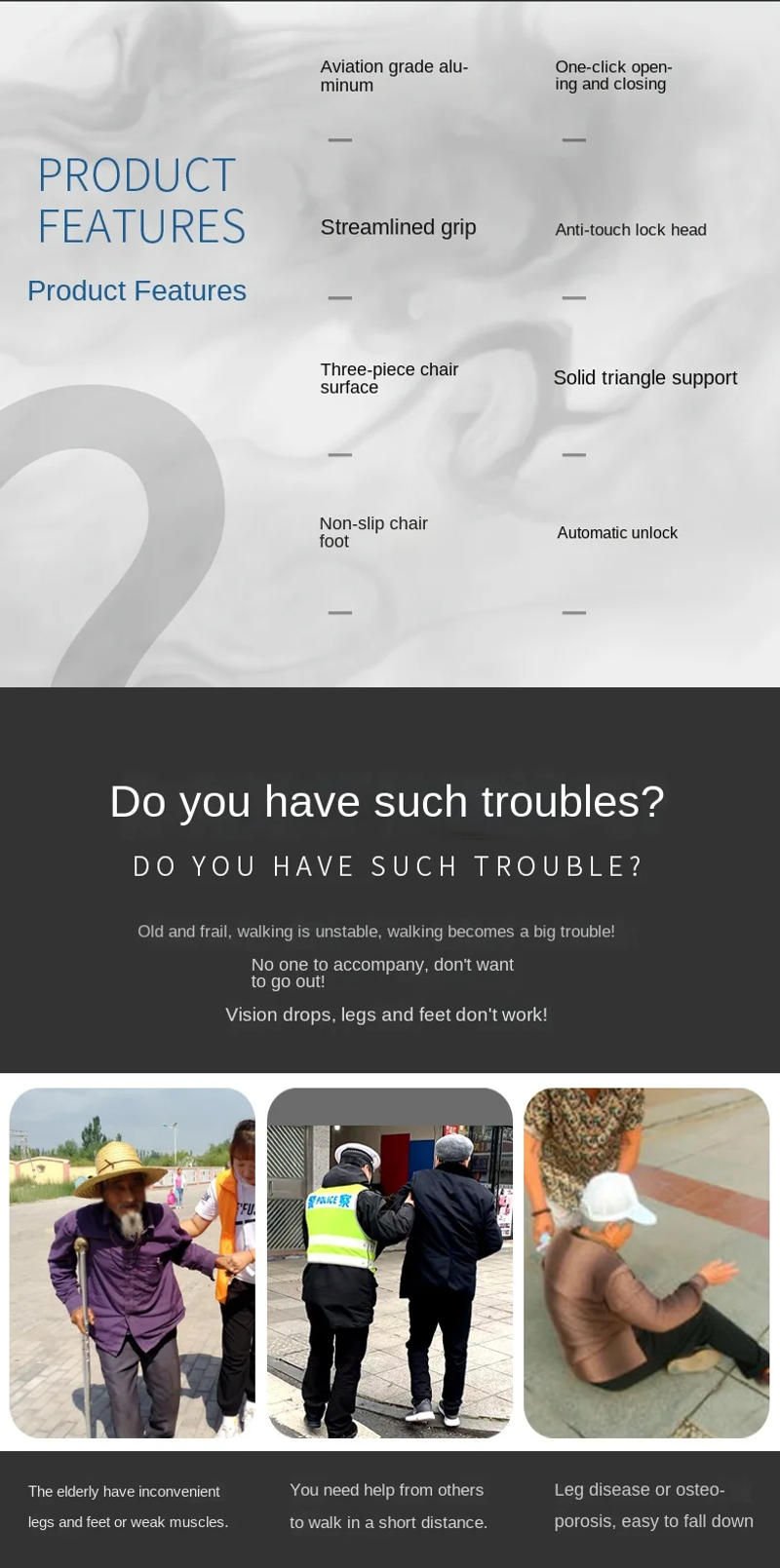 Description Picture 3 of itemMulti-functional Non-slip Walking Stick with Seat One Key Foldable Crutch Chair Triangular Bracing Elderly Hiking Pole Walker