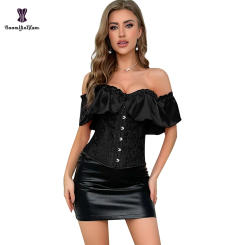 Plus Size Women Underwear Clorselet Going Out Clothes Off Shoulder Black Victorian Corset Top With Lantern Sleeve