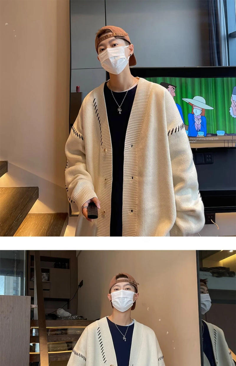 Description Picture 6 of itemMen's Soft Supple Idle Style Knitted Sweater Loose-fit V-neck Long Sleeve Preppy Style Jacket For Autumn/winter