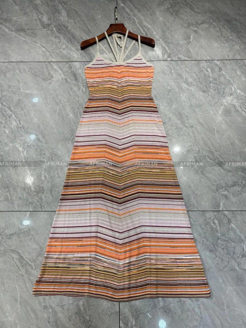 Description Picture 6 of itemWomen Stripe Sleeveless Metallic Sequined Thin Strap Hanging Neck Slim Maxi Long Knitted Dress