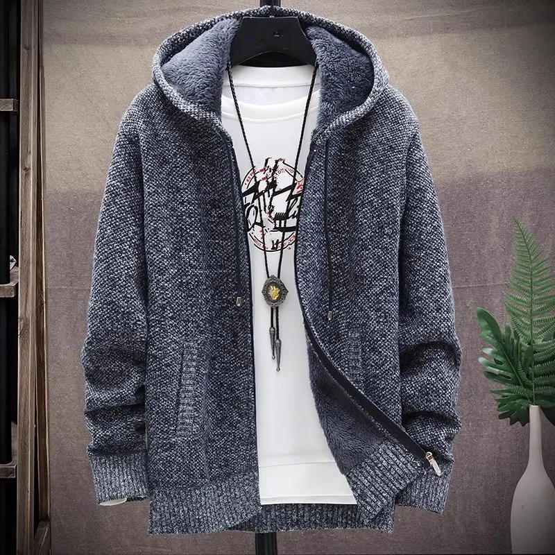 Description Picture 5 of itemMen‘s Hooded Cardigan Knitted Sweater Winter Thick Fleece Warm Casual Knitwear Coat Solid Color Cardigan Men Hooded Sweaters
