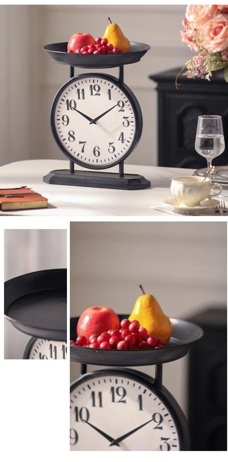 Description Picture 6 of itemIron Desk Clocks Black Matte Creative Tray Fruit Plate Table Clocks Desktop Ornament Living Room Beside Sofa Home Decoration