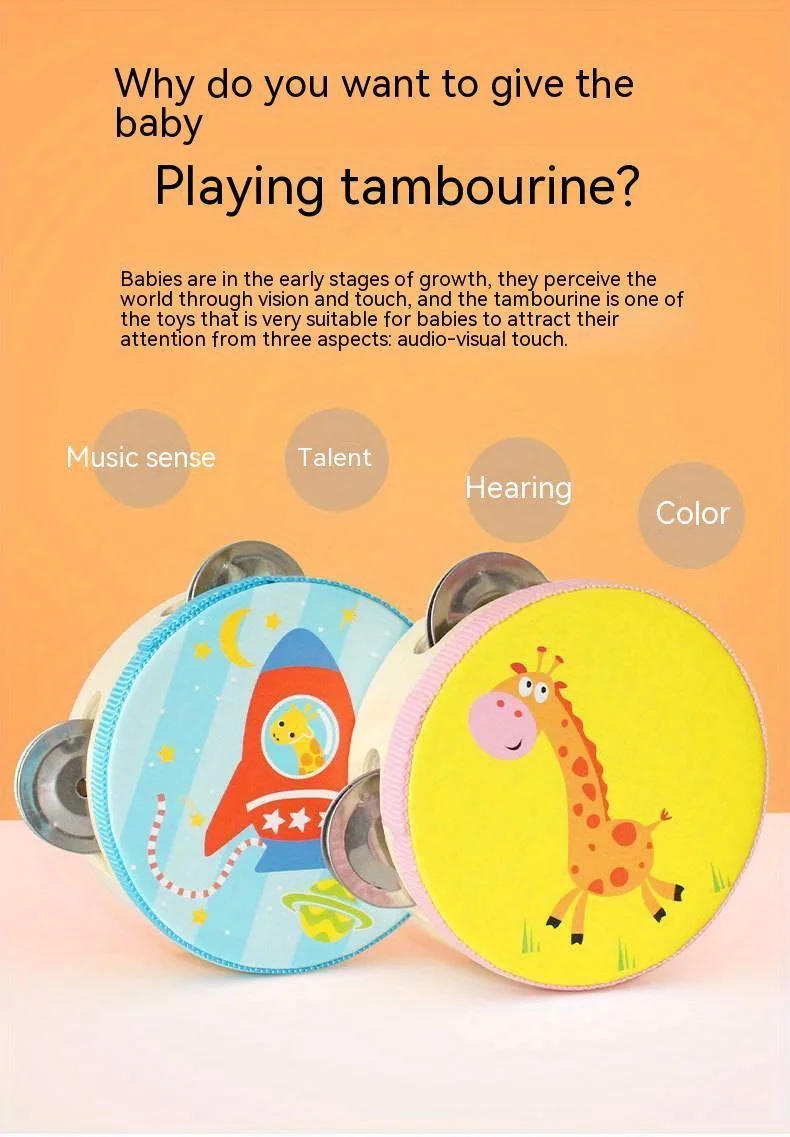 Description Picture 5 of itemWooden Bell Toys, Preschool Education Cute Cartoon Hand Clapping, Drum Shaking, Tambourine Percussion Instrument