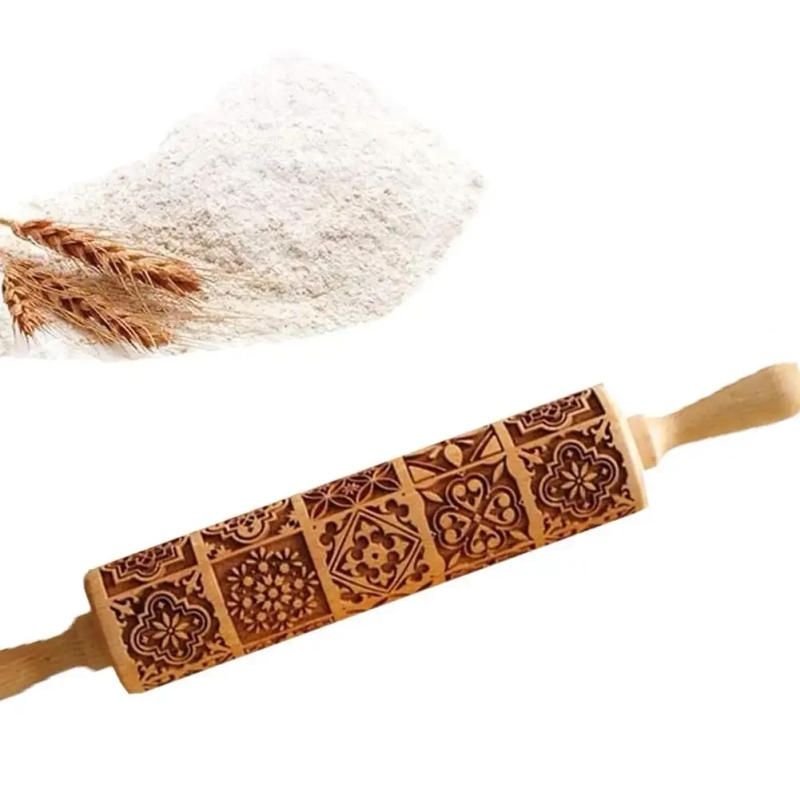 Description Picture 2 of itemExquisite Pattern Rolling Pin Wooden Embossing Baking Tools Reindeer Dough Engraved Square Grid Cookies Mold