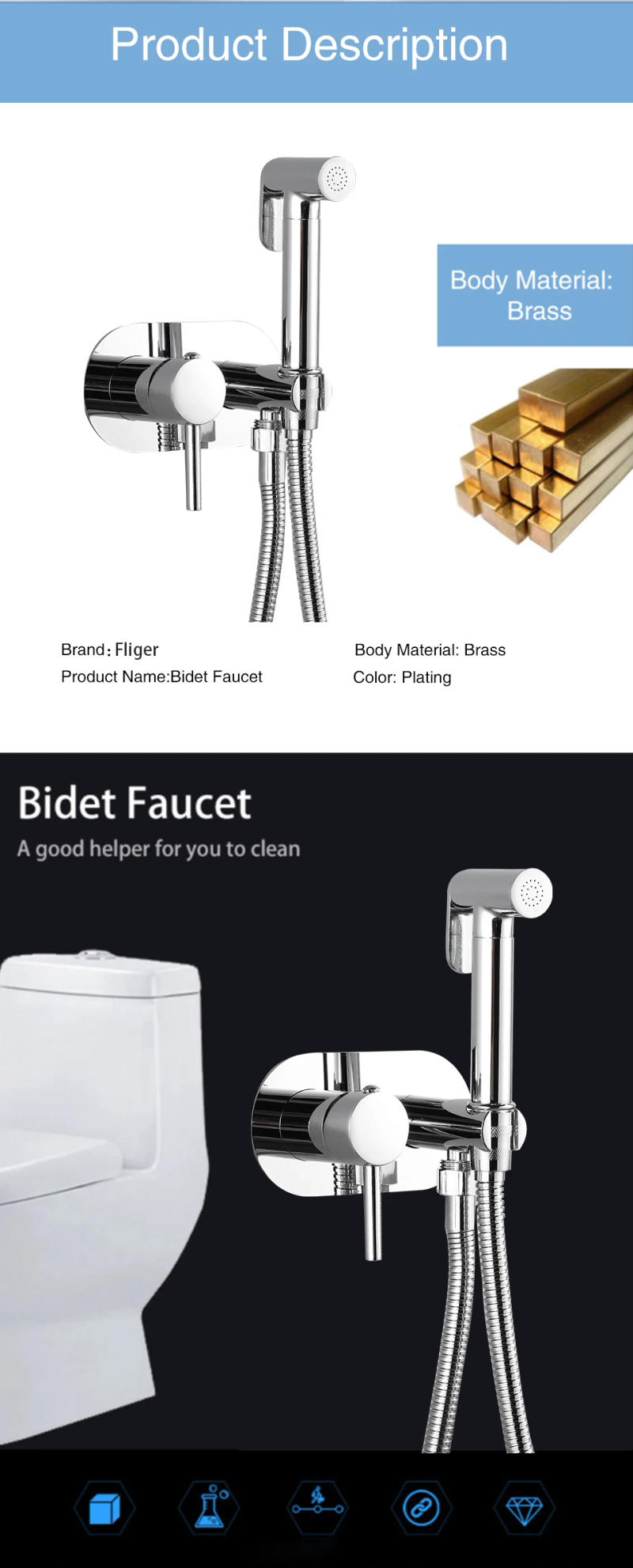 Description Picture 3 of itemFliger Black Handheld Bidet Sprayer Set Brass Bidet Faucet Portable Toilet Bidet Sprayer Hot Cold Water Bathroom Toilet Faucets