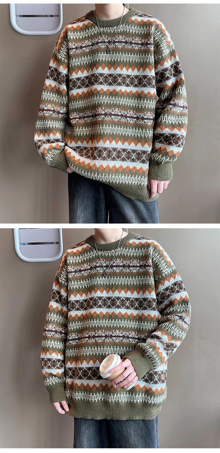 Description Picture 5 of item2024 Men Spring Autumn Korean Fashion Jacquard Sweater Tops Male Loose Striped Pullover Top Mens O-neck Knitted Jumpers S121