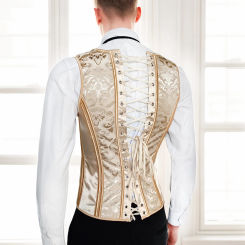 Mens Corset Vest Lace Up Bones Formal Waistcoat Beige Floral Waist Trainer Dress Vest For Wedding Party Tight Tops