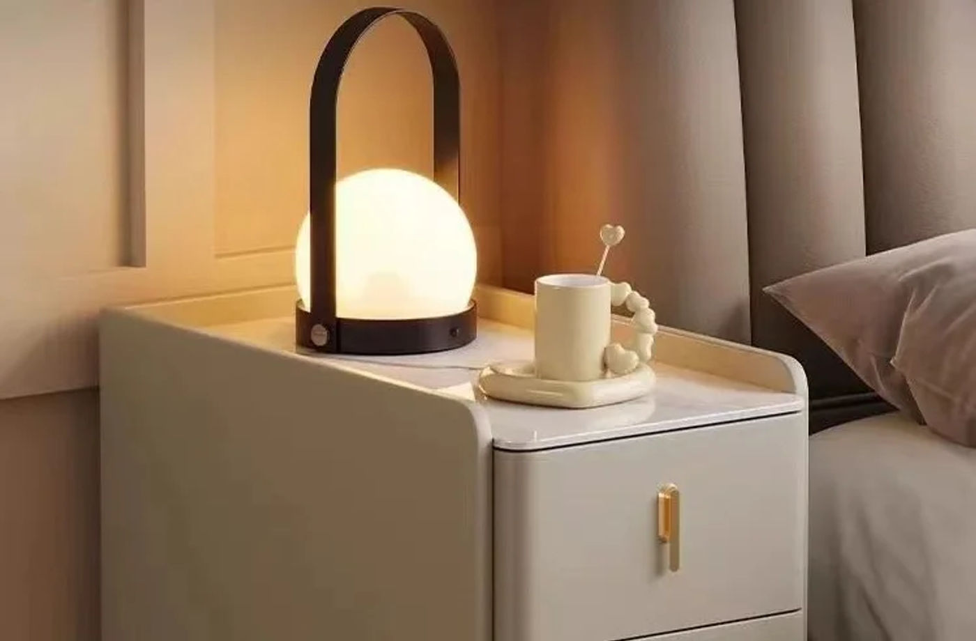 Description Picture 2 of itemModern Style Intelligent Wooden Bedside Table with Wireless Charging Faux Leather 3 Drawers 25cm Nightstands Storage Cabinet