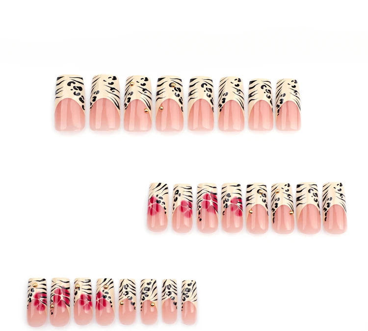 Description Picture 3 of item24Pcs Long Coffin Leopard Print False Nails with Glue Sweet Cool Diamond Fake Nail Set Floral French Press on Wearable Nail Tips