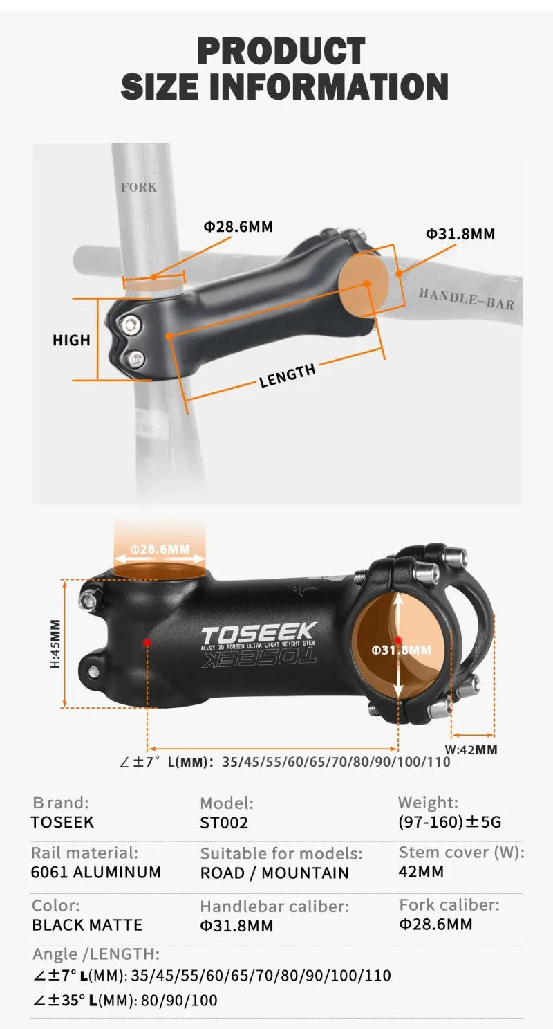 Description Picture 5 of itemTOSEEK Bicycle Stem ±7/±35 Degree 35/45/55/60/70/80/90/100/110mm MTB Stems 31.8mm Negative Power Mtb Lightweight Road Bike Table