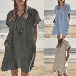 2025 Spring Oversize Cotton LinenWomen Dress Grey V-neck Short Sleeve Button Dresses Female Elegant Casual Trendy Ladies Clothes