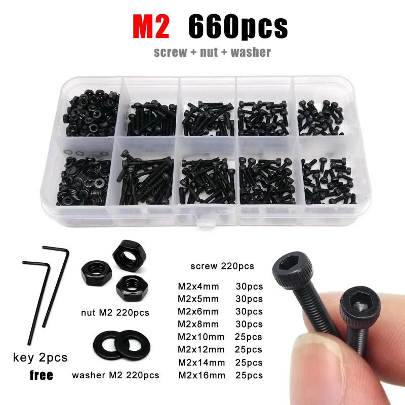 Description Picture 4 of itemBoxed M2 M2.5 M3 M4 M5 M6 Hex Hexagon Socket Allen Cap Head Screw Bolt Nut Washer Assortment Kit DIN912 Black Grade 12.9 Steel