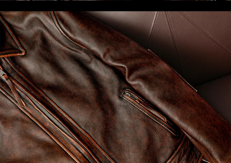 Description Picture 6 of itemNew Style Genuine Leather Jacket Vintage Brown Cowhide Coat Men Slim Fashion Biker Jacket Asian Size 6XL Factory Drop Shipping