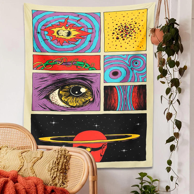 Description Picture 5 of itemStarry Sky Psychedelic  Tapestry Wall Hanging Planet Space Cartoon Hippie Eye Room Bohemian Background Fabric Home Decor