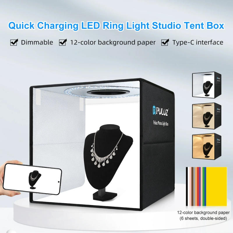 Description Picture 5 of itemPULUZ 40cm Folding Photo Studio Tent Box Kit with 160 LED Ring Light 6 Dual-side Color Backgrounds Quick Charge Type-C Soft Box