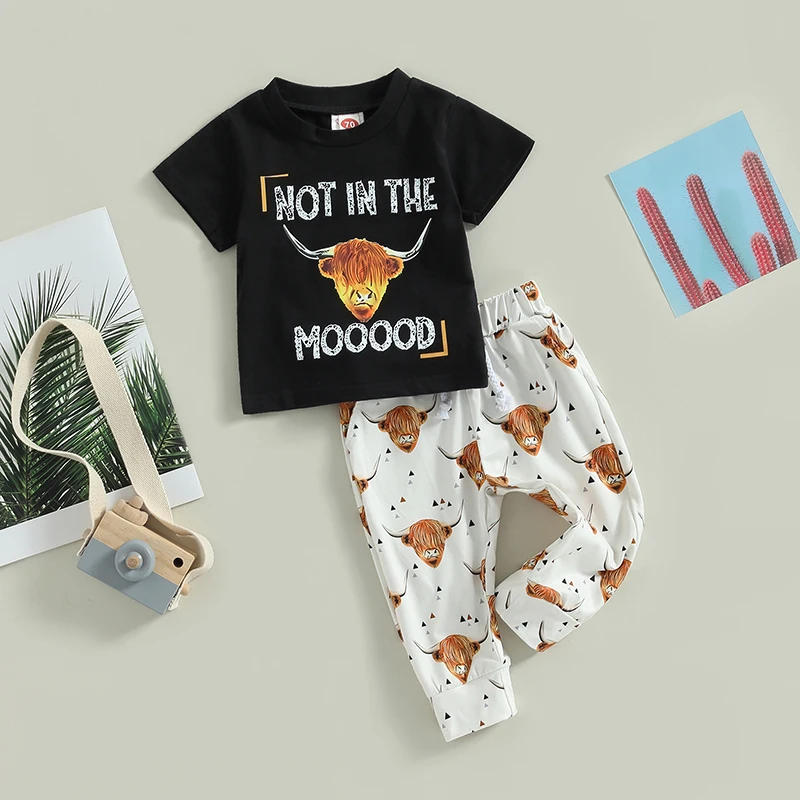 Description Picture 4 of itemBoys Girls Pants Suit Casual Street Party Short Sleeve Kids Tops Bull Print Long Pants