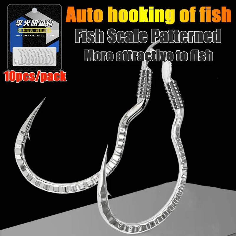 Description Picture 2 of item10pcs Fish Scale Patterned Fishing Hook High Carbon Steel Sharp Barbed Automatic Flip Fishhook Anti Slip Fishing Tackle Carp