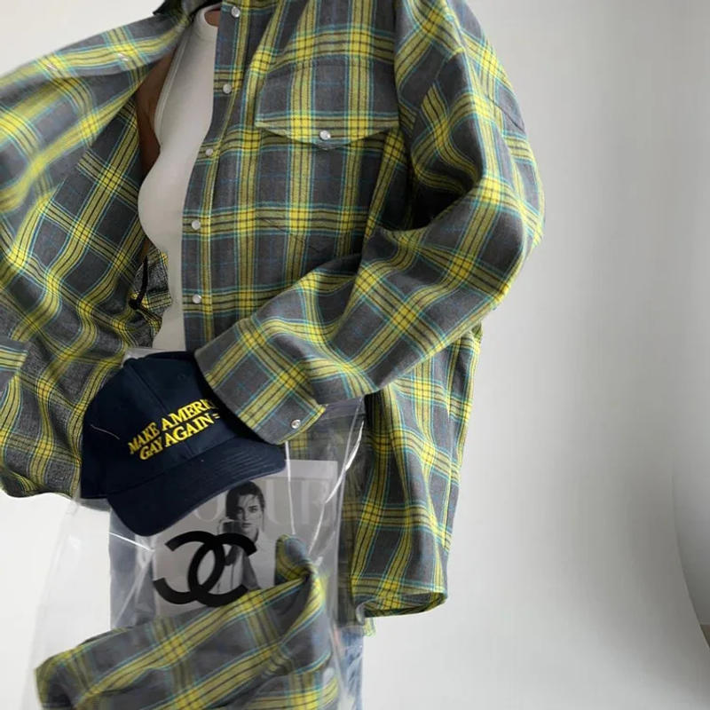 Description Picture 6 of itemWomen's Blouse Retro Style Lapel Loose Shirt 2024 Autumn Plaid Long-sleeve Pocket Shirt For Women Shirts Top Рубашки Женские