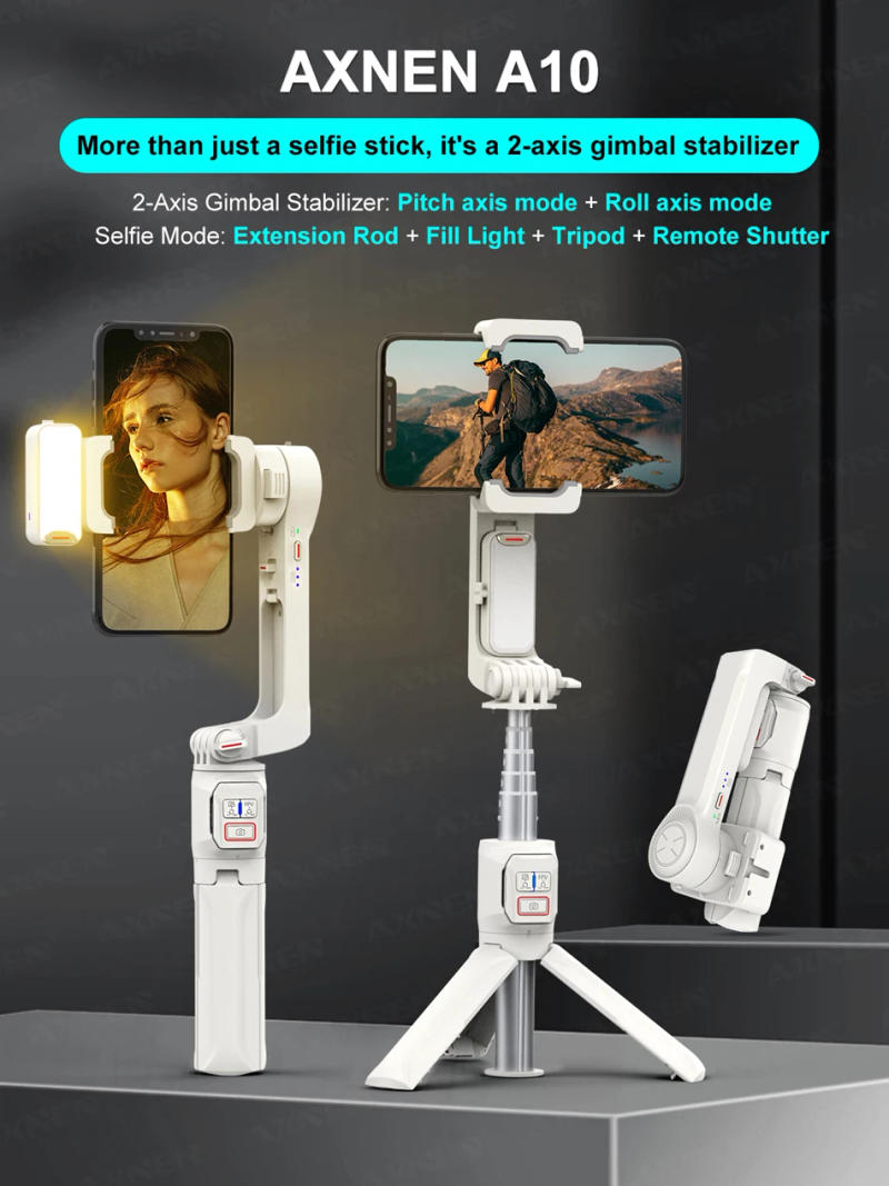 Description Picture 2 of itemAXNEN A10 Smartphone Handheld Gimbal Selfie Tripod with Fill Light Extend Rod, Phone Video Record Stabilizer for iPhone Android