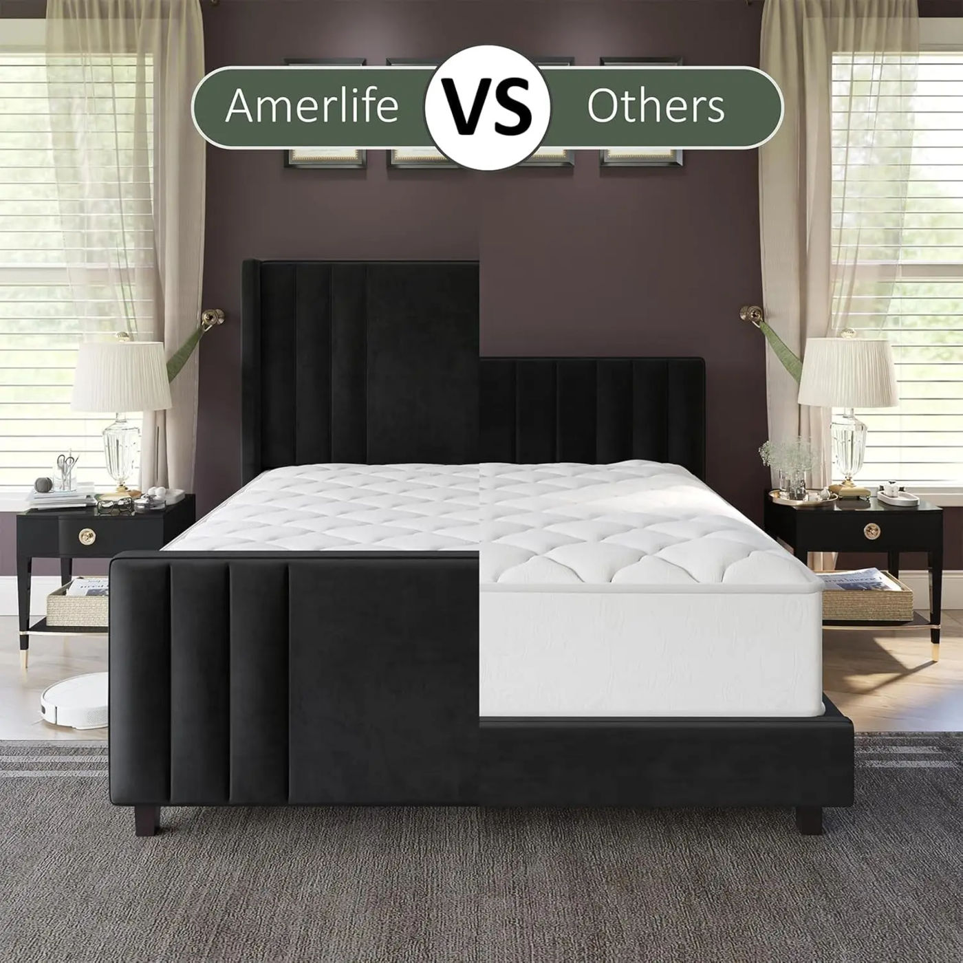 Description Picture 5 of itemKing Size Bed Frame, Velvet Upholstered Platform Bed with Vertical Channel Tufted Headboard & Footboard/Wingback