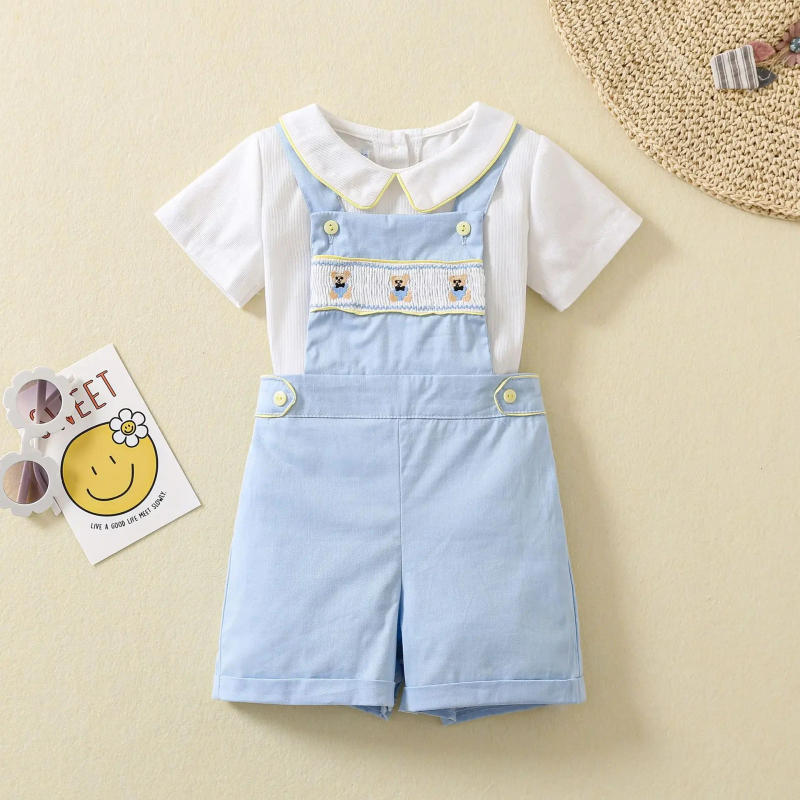 Description Picture 2 of item2025 Baby Set Newborn Spanish Outfits For Boy Infant Cotton Linen Blouse Shorts Suits ShirtsClothes Kids Tops Smocked