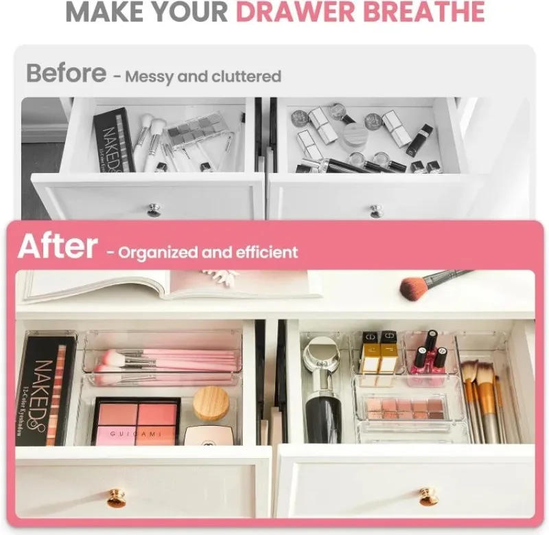Description Picture 6 of itemClear Drawer Organizers Plastic Makeup Dividers Storage Box Dresser Office Desk Drawer Separator Cosmetic Kitchen Home Organizer