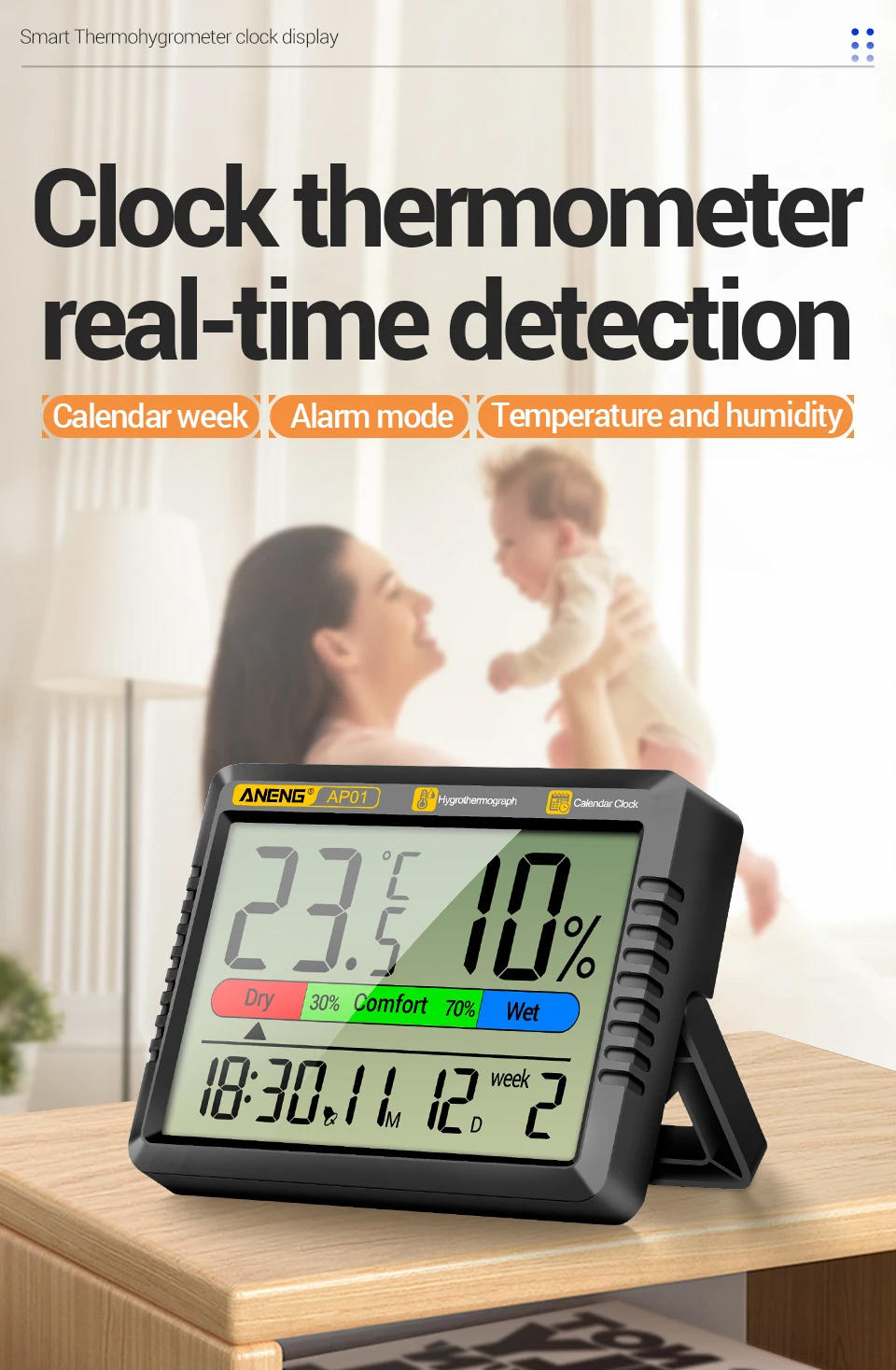 Description Picture 4 of itemANENG AP01 Moisture Meters Celsius Display Digital  Thermometer Temperature Measuring Hygrometer LCD Screen Alarm Clock Testers