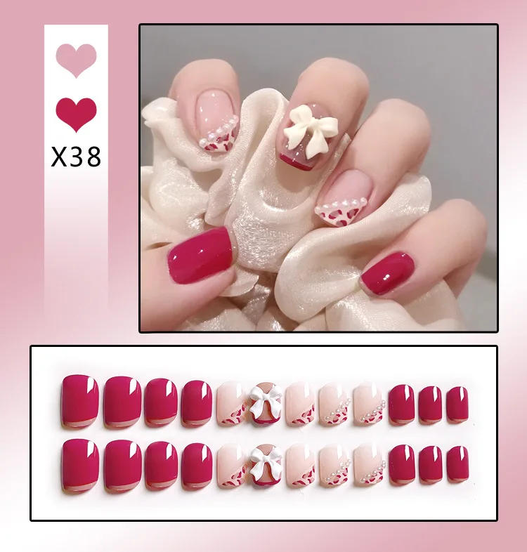 Description Picture 6 of item24Pcs French With Drill Short Fake Nails Press On Nail Tips Artificial Full Cover Cute Bow Wearing False Nails Art Free Shipping
