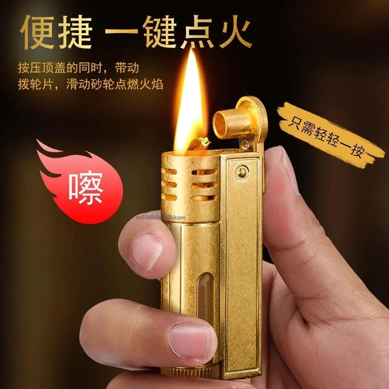 Description Picture 2 of itemClassic Retro Gasoline Lighter Metal Windproof Open Flame Cigarette Lighters Grinding Wheel Flintstone One-Key Ignition