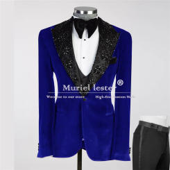 Royal Velvet Wedding Tuxedos Luxury Handmade Beaded Stoned Jacket Vest Pants 3 Pieces Set Men's Suits Formal Party Costume Homme