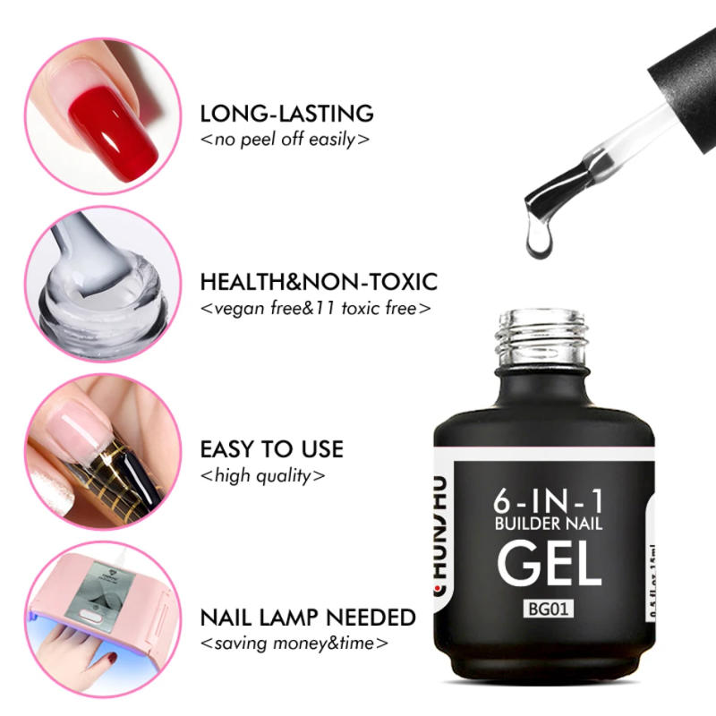 Description Picture 5 of itemCHUNSHU 6 IN 1 Extension UV Gel Polish In A bottle Builder Nail Gel Rubber Base Coat Semi Permanent Nails Art Self-leveling 15ML