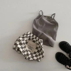 Korean Style Ins Fashion Kids Tank Top & Checkered Shorts Set Boys Girls Summer Lightweight Cotton Clothing New 2025â€Œ