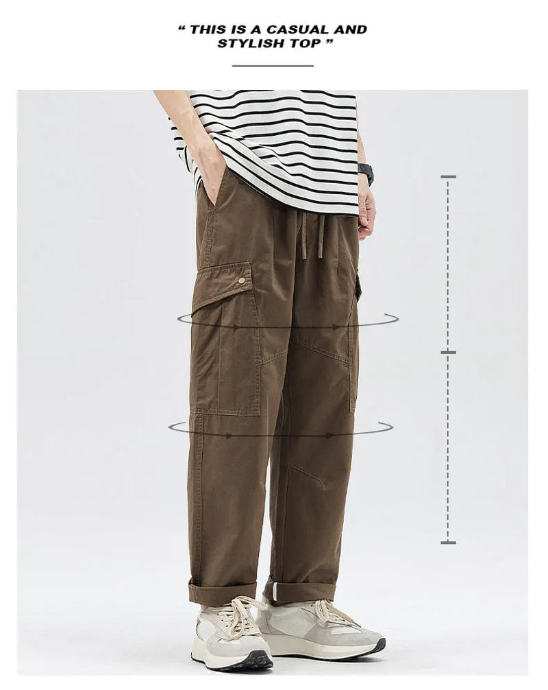 Description Picture 3 of item2024 New Spring Summer Men Straight Cargo Pants Multi-Pockets Drawstring Waist Cotton Casual Pants Male Loose Cargo Trousers