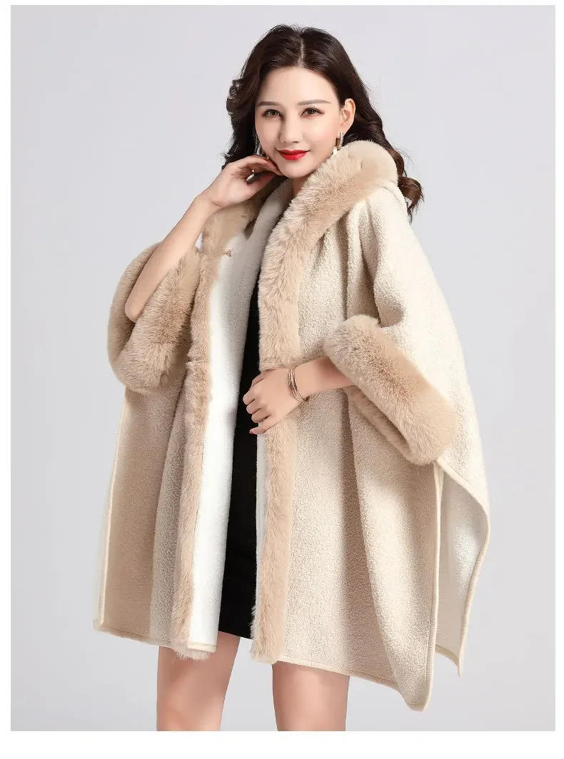 Description Picture 4 of itemWomen Granular Cardigan Long Cloak Loose Coat With Hat Winter Thicken Velvet Big Pendulum Faux Fur Collar Outstreet Poncho Capa