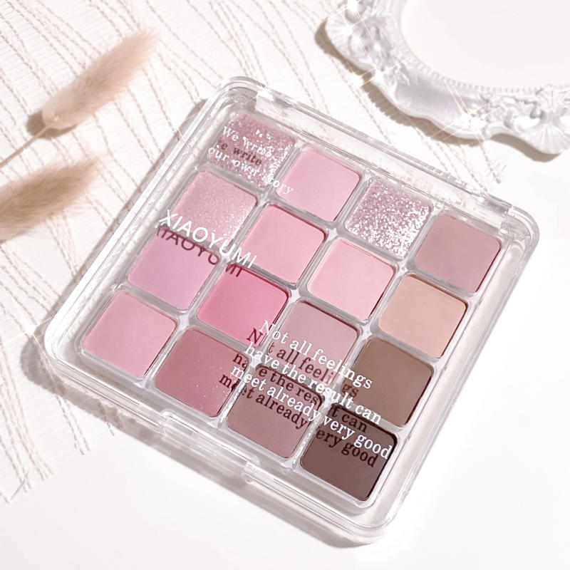 Description Picture 5 of item16 color eyeshadow palette - Glitter, matte and shimmer finish in gentle fall and winter tones of blue, brown, coral and pink