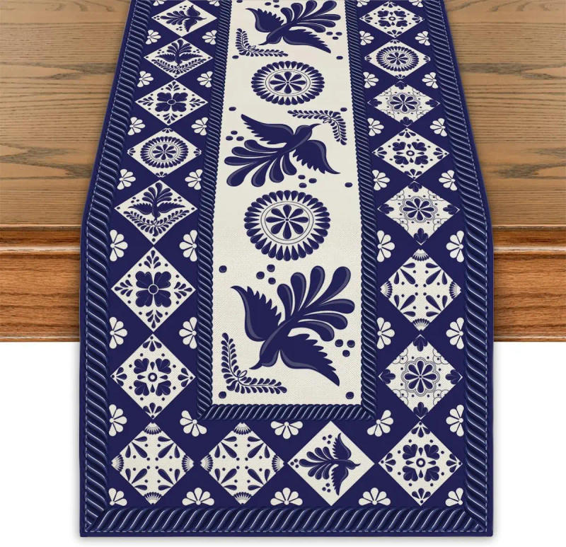 Description Picture 2 of itemTalavera Floral Bird Mexican Linen Table Runners Mexican Dia De Los Muertos Fiesta Decor Dresser Scarf Party Dining Table Decor