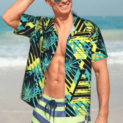 Camisa informal de hoja de palma para hombre, blusa de gran tamaño, diseño abstracto geométrico, elegante, manga corta, transpirable, playa, Verano