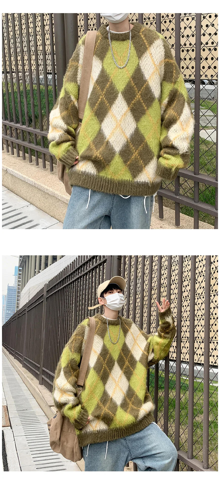 Description Picture 2 of itemWinter Niche Contrasting Plaid Sweaters Men's Retro Loose Casual High Street Personalized Knitted Pullover Men Tops Male Clothes