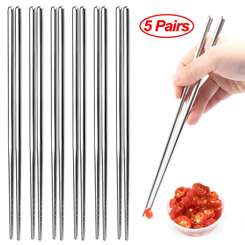 Description Picture 2 of item1/2/5 Pairs Chinese Chopsticks Stainless Steel Non-slip Sushi Chopstick Korean Japanese Food Metal Sticks Kitchen Tableware Set