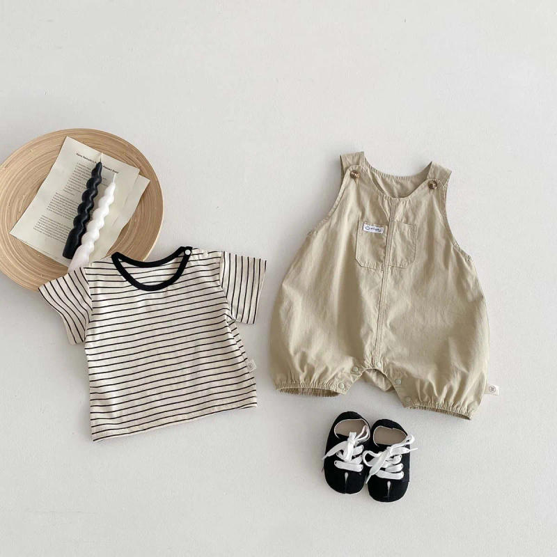 Description Picture 5 of item2pcs Baby Suits Newborn Boy Clothes Summer Short Sleeves Stripe Baby Tops with Jumpsuit Two Piece Sets 0-2yrs