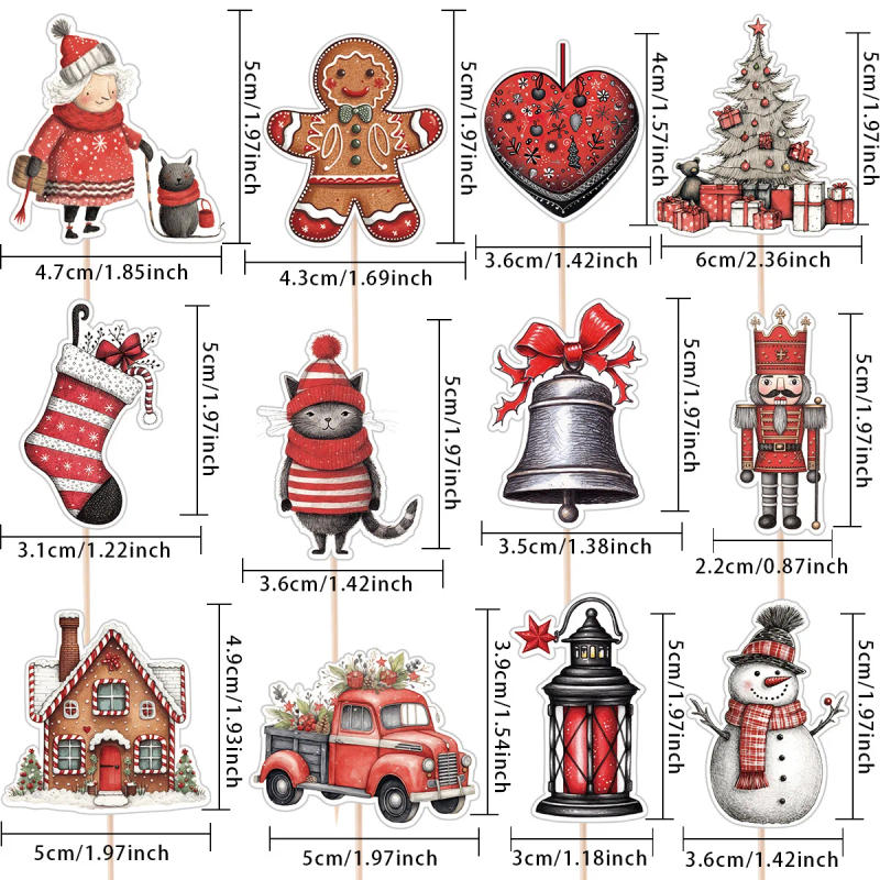 Description Picture 4 of item24Pcs Christmas Cupcake Toppers Vintage Red Santa Claus/Snowman Paper Topper For Noel Xmas Party Cake Decoration DIY Gift Supply