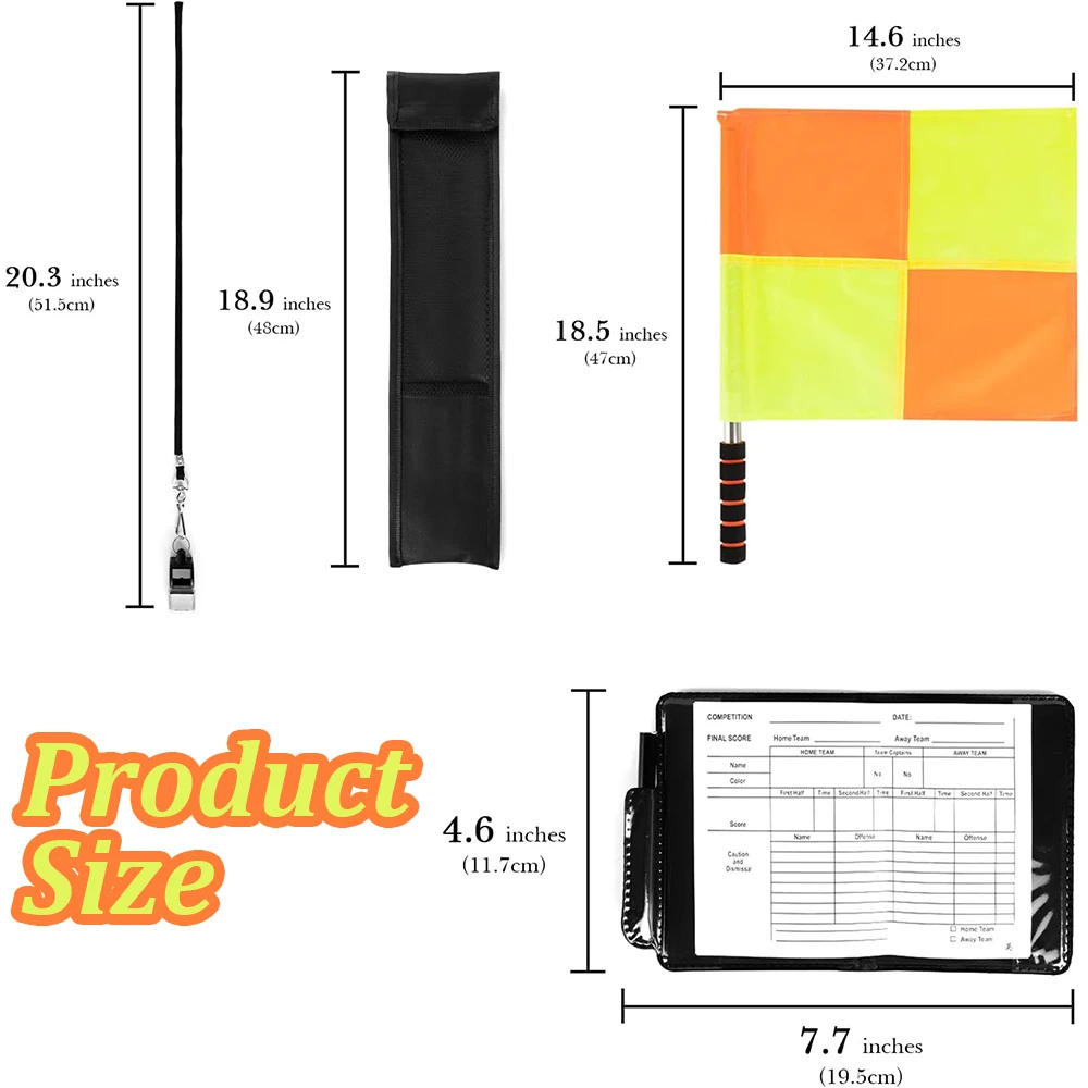 Description Picture 3 of itemSoccer Referee Flag Set Checkered Linesman Flags Referee Cards with Record Book and Pencil Referee Whistle for Sports Football