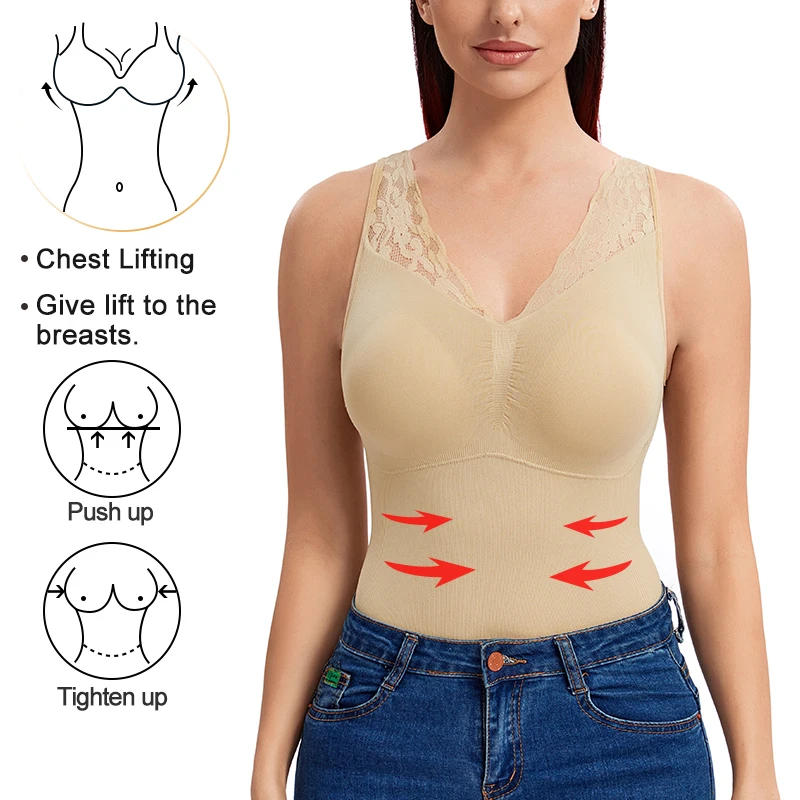 Description Picture 5 of itemInvisible Shapewear Cami Bodysuit for Women Tummy Control Chest Lifting Body Shaper Lace Camisole Tops Slim Underwear with Pads