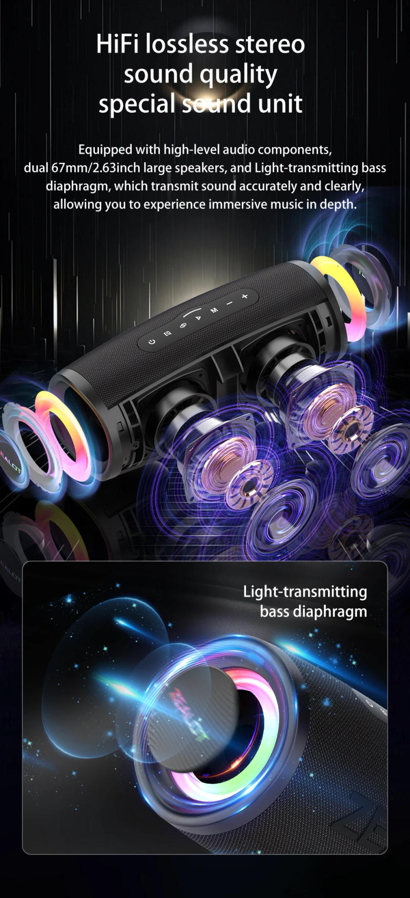 Description Picture 3 of itemZEALOT-S56 Bluetooth Speaker 40W Output Powerful Bass IPX6 Waterproof RGB Light Portable Wireless Speaker for Outdoor Use