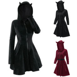 Animal Hooded Zip Up Punk Gothic Dress Vintage Long Sleeve Cat Ear Coat Robe For Women Autumn Winter Witch Party A Line Dress