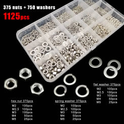1125pcs M2 M2.5 M3 M4 M5 304 Stainless Steel Hex Hexagon Nut Plain Flat Washer Spring Elastic Lock Gasket Mix 5 Size Set Kit Box