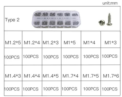 Description Picture 5 of itemM1 M1.2 M1.4 M1.7 Micro Glasses Screws Round Head Self-tapping Electronic Small Wood Screws Kit Assortment 1200Pcs