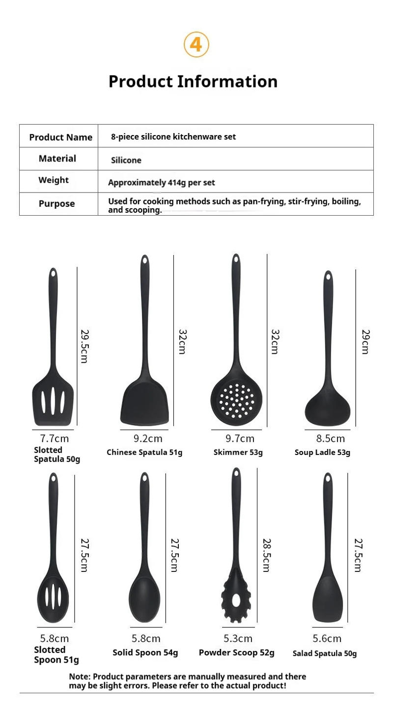 Description Picture 6 of item1/4/8pcs Non-Stick Pans Silicone Spatula Soup Ladle Slotted Spoon Cooking Tools for Kitchen Kitchen Utensil
