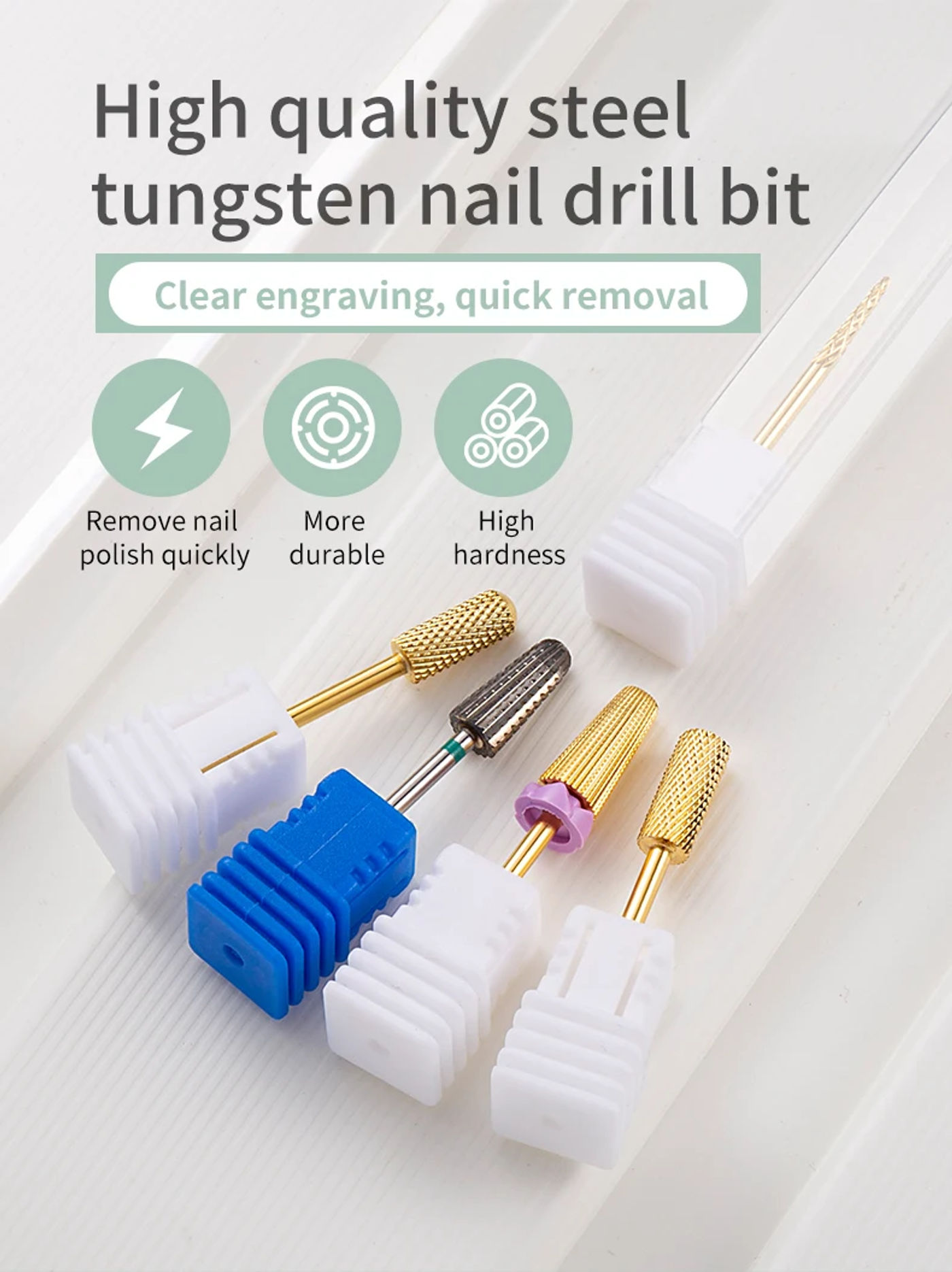 Description Picture 2 of item5 In 1 Tungsten Carbid Nail Drill Bits Milling Cutter For Remove Nail Polish UV Gel Tapered Safety End Cut Manicure Tools Golden