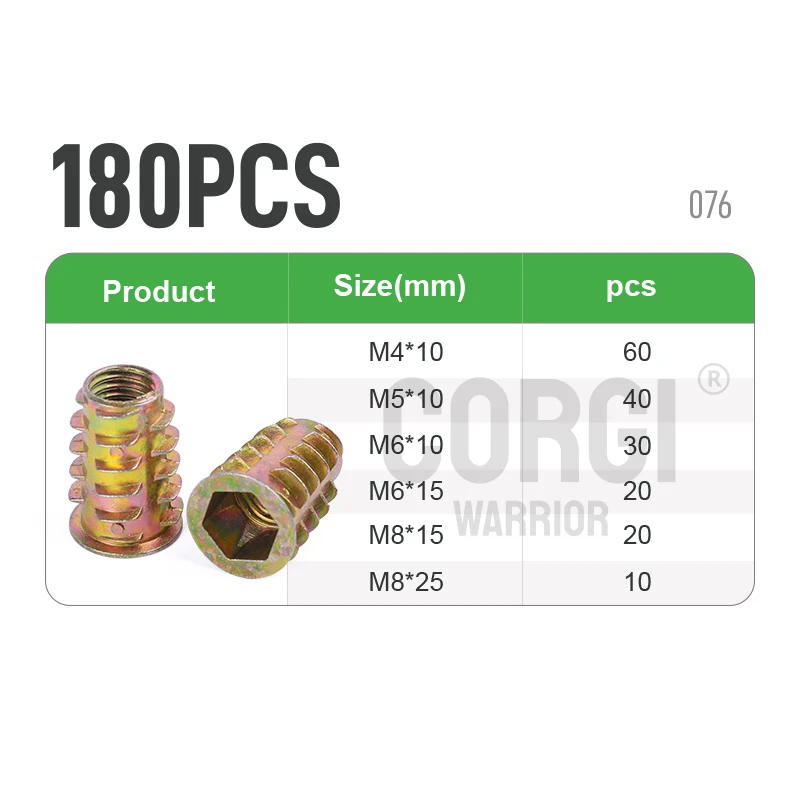 Description Picture 5 of item70-265 Pieces M4 M5 M6 M8 M10 Metric Threaded Inserts Nuts Assortment Kit Zinc Alloy Wood Furniture Hex Socket Bolt Connector